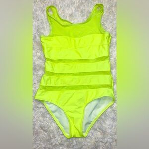 Neon yellow one-piece swimsuit with sheer stripes. Size Medium. New
